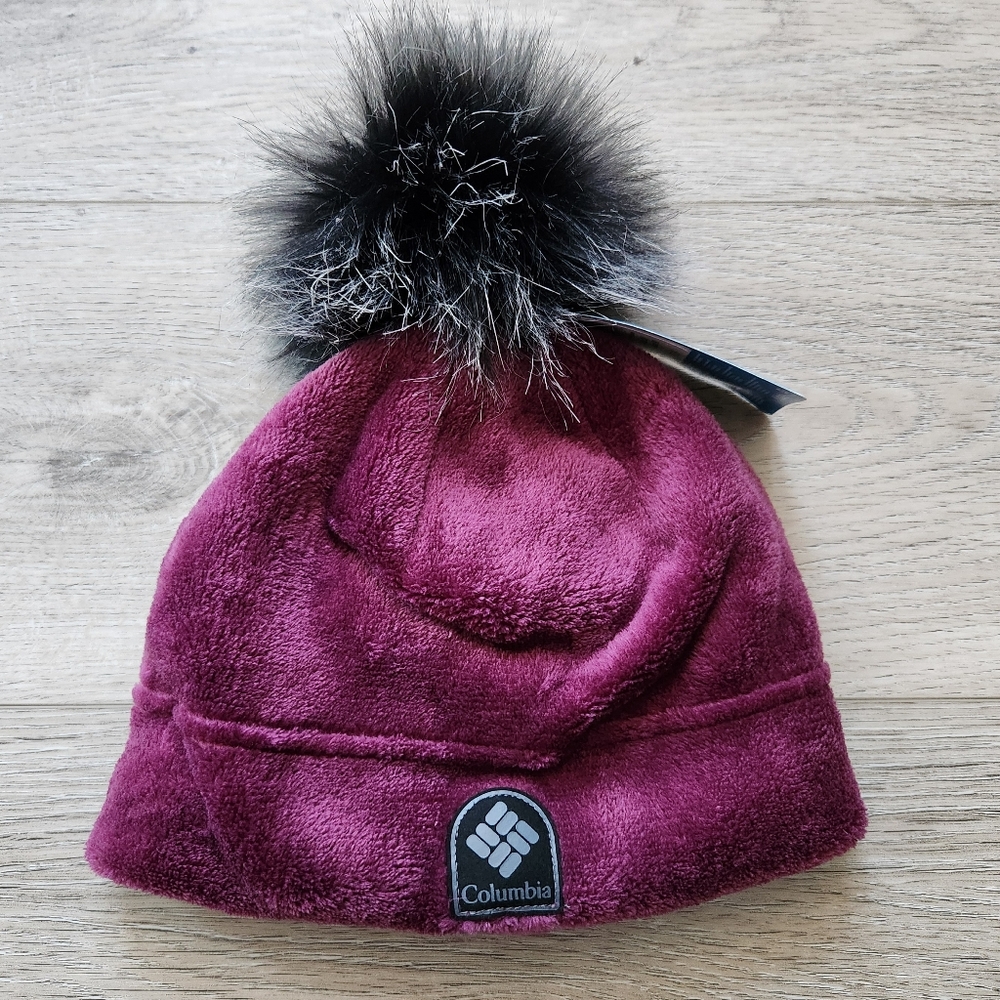 Columbia Purple and Black Pom-Pom Beanie Hat Unisex Small Medium Winter Snow